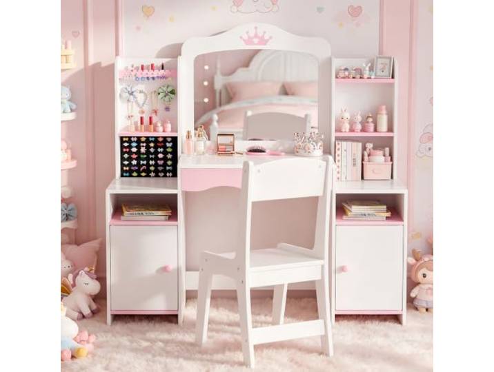 Xilingol 2 in 1 Schminktisch Kinder Set,Kinderschminktisch mit Spiegel,Frisiertisch mit Schmuckaufbewahrung, Holz Prinzessinnen Schminktisch, Ankleidetisch für Kinderzimmer, Weiß