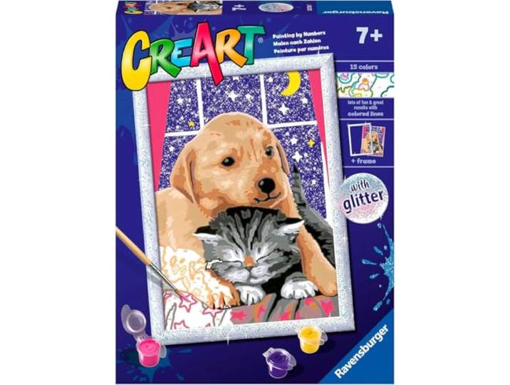 Ravensburger CreArt D-serie: harige vrienden, schilderset op nummer, bevat een voorgedrukte tabel, een kwast, kleuren en accessoires, creatieve set voor jongens en meisjes vanaf 7 jaar
