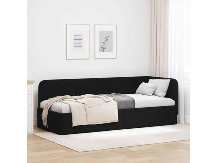 Stoff Eckbettgestell platzsparendes L Design Tagesbettrahmen Schwarz 80 x Eckbettgestell mit Kopfteil Schwarz 80 x 200 cm Stoff, L-förmiges Tagesbett mit Lattenrost, platzsparendes Sofabett für