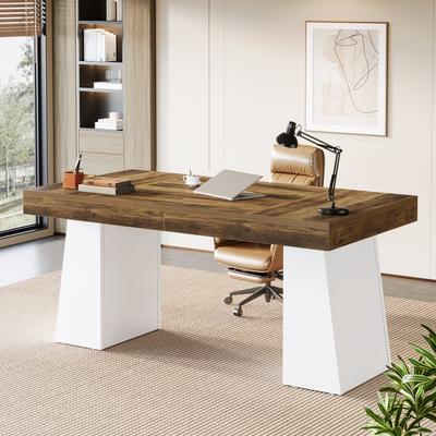 Bluebell 55-Inch Home Office Desk, Thick Wood Computer Executive Desk with Double Pedestal, Modern Minimalist Style