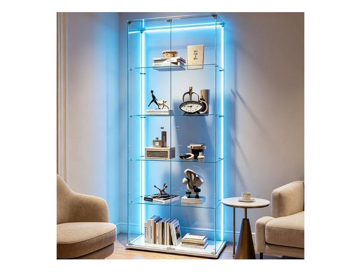 Simurq Glasvitrine Standvitrinen mit LED Beleuchtung Vitrinenschrank mit Glastür Sammlervitrine aus gehärtetes Glas,Modernes rahmenloses Design