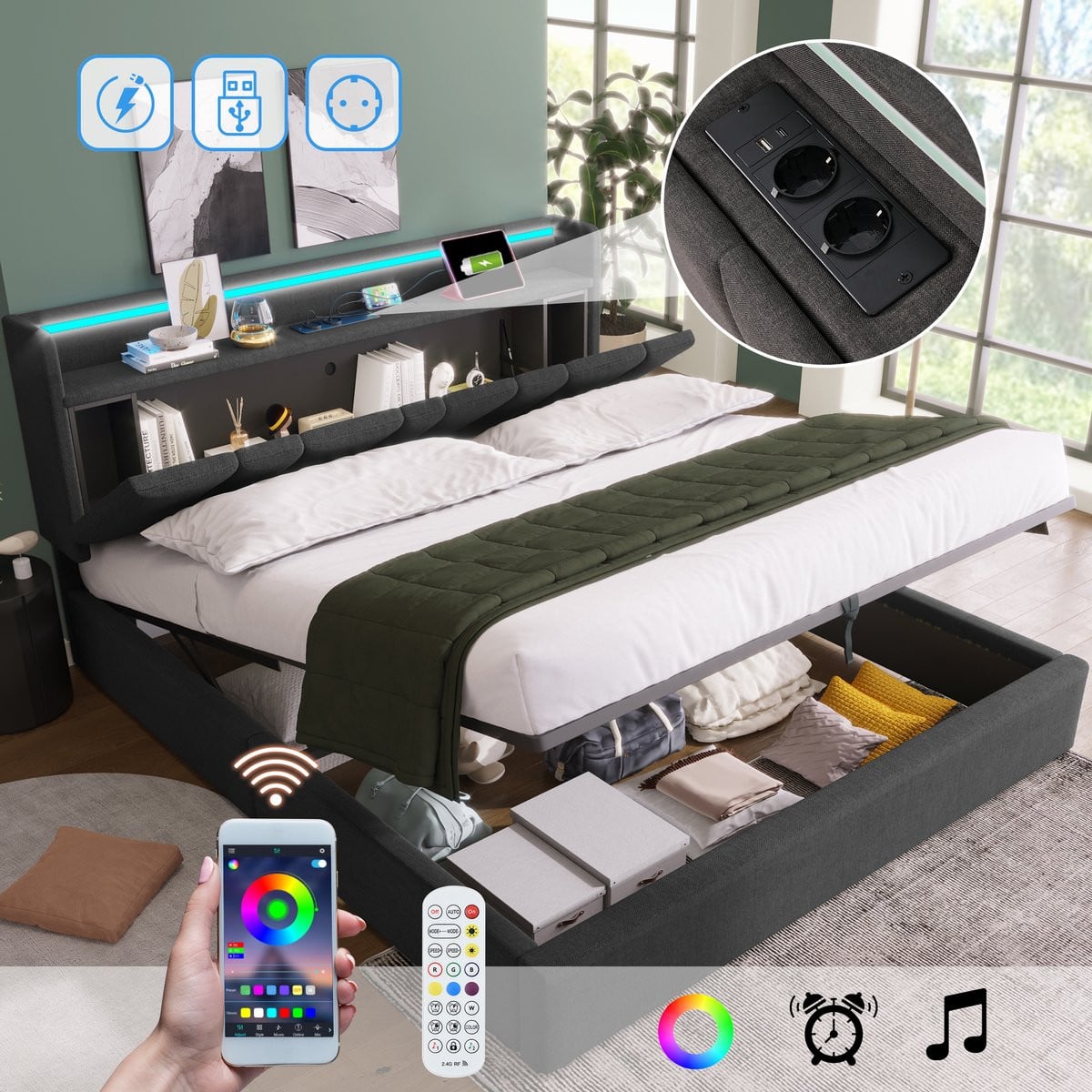 Grijs Polster Tweepersoonsbed met USB, LED-verlichting en opberghoofdeinde, B/D: 140 x 200 cm