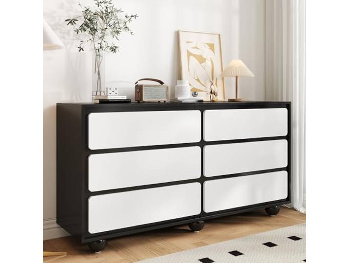 FammyLoft Sideboard Wohnzimmer mit 6 Schubladen, Stilvolle Kommode mit Abgerundete Metallfüße, Modern Wohnzimmerschrank für Esszimmer & Flur, Buffetschrank, Weiß und Schwarz