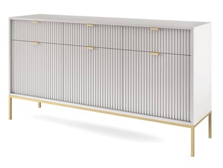 Selsey VELLORE - Kommode 3-türig mit 3 Schubladen, Grau mit geriffelten Fronten mit goldenen Metallbeinen, 154 cm