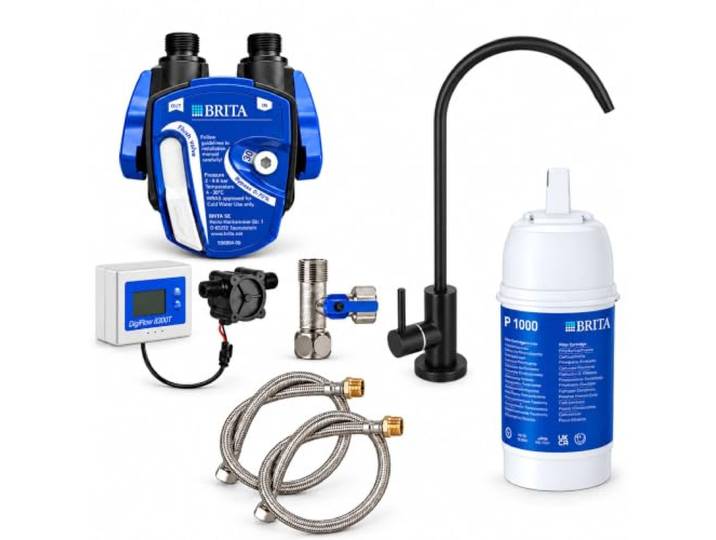 AORA Untertisch-Wasserfilter-System mit 1-Weg-Wasserhahn kompatibel mit BRITA Filter P1000 & Filterkopf reduziert Kalk & verbessert Geschmack SOFIA Edelstahl Schwarz mit Digiflow