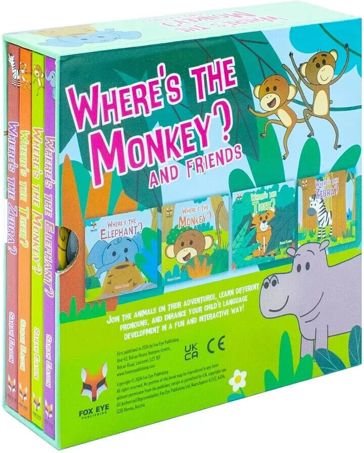 Fox Eye Publishing Where's The Monkey and Friends 4 Board Books Collection Set by Sarah Eason - Ages 0-5 - Elephant, Monkey, Tiger, Zebra Seek-and-Find Board Books
