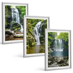 BILDER SET 3er Set - 40x60 cm Silberner Rahmen - Wasserfälle, grüne Umgebung