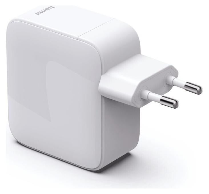 Hama GaN netadapter met 2x USB-C en uittrekbare kabel, 65W snellader met Qualcomm Quick Charge en Power Delivery, wit