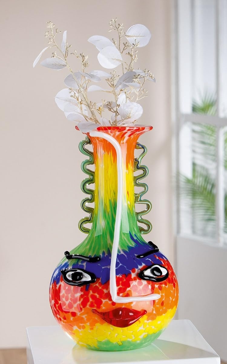 Grote Decoratieve Glazen Vaas met Gezichtsdesign - Kleurrijke Woondecoratie