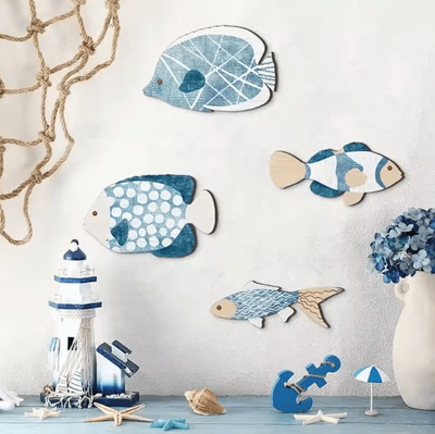 Uplift Curations Coastal Wooden Fish Wall Decor Set 4PCS Nautical Beach Hanging Art Coastal Wooden Fish Wall Decor Set 4PCS Nautical Beach Hanging Art