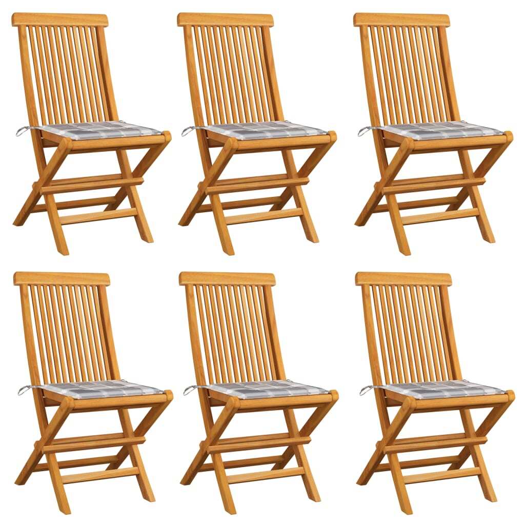 Klappstühle, grau karierte Kissen, 6-teilig, massives Teakholz