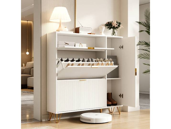 ROSAHQNDA Armoire à chaussures moderne en bois blanc pour entrée, organisateur de rangement pour chaussures avec 2 tiroirs rabattables, rangement latéral pour bottes
