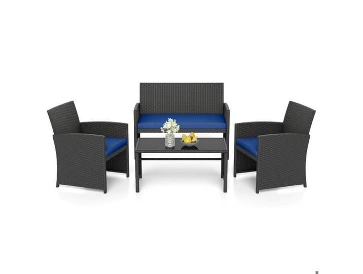 GIANTEX Salon de Jardin Exterieur en Rotin PE 4 Pièces Canapé 2 Places 2 Fauteuils Table Basse avec Plateau en Verre Bleu