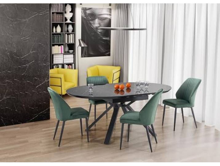 designimpex Design Esstisch rund HA-500 Glasplatte Marmor Schwarz ausziehbar Glas, Farbe:Marmor Schwarz - Schwarz matt