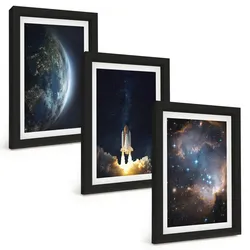 BILDER SET 3er Set - 20x30 cm Schwarzer Rahmen - Weltraum Erde Rakete Galaxie
