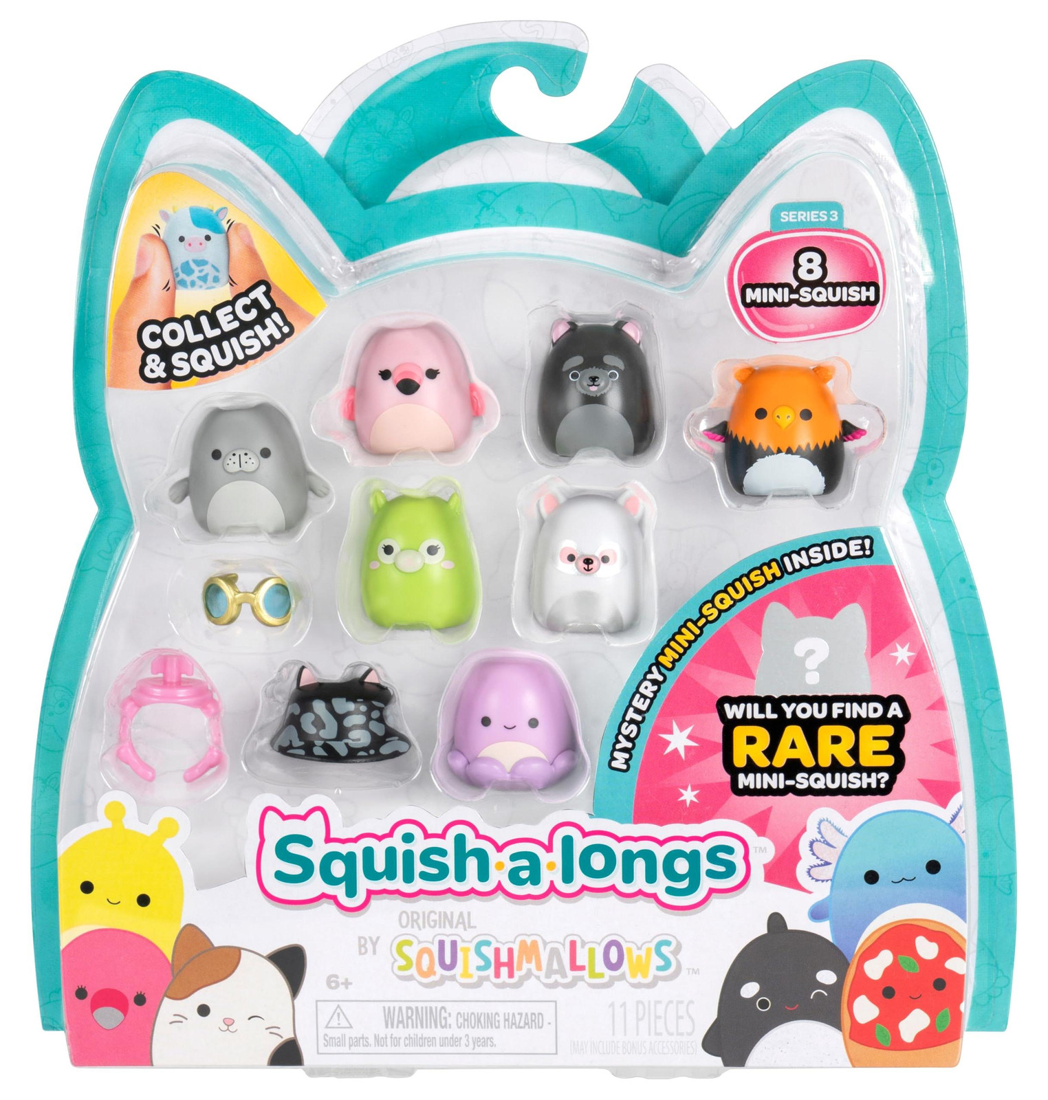 Squish-a-longs SQAL0085 set van 8 mini-Squish-figuren met 2 accessoires