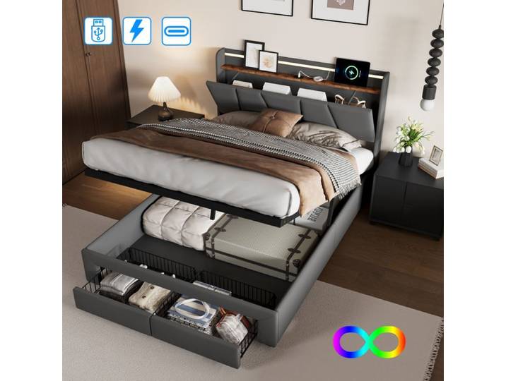 Lit double rembourré - LUMINARIX - Lit double 160x200 cm - LED intégrée - 2 tiroirs - Port USB