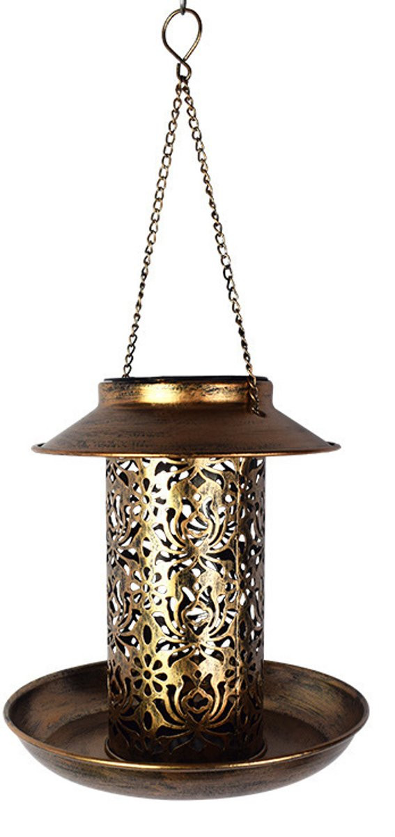 Brons Smeedijzeren Vogelvoederhuisje met Solar Tuinverlichting