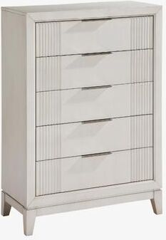 Benjara Flo Tall Dresser Chest, 5 Drawers, Antique White Wood, Chrome Handles