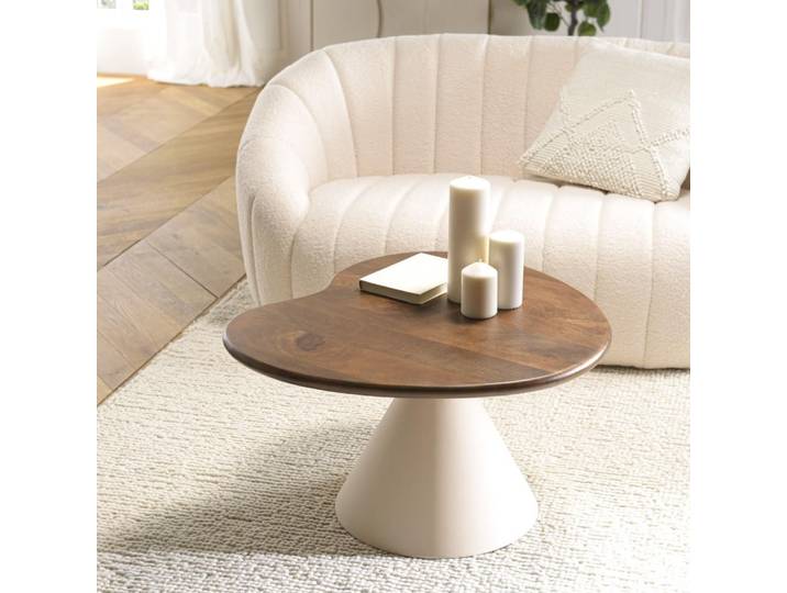 JAMES - Table basse ovoïde plateau en manguier pied en métal ivoire JAMES