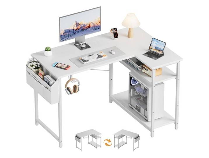 Bureau d'Angle Réversible 110 x 80 cm Réversible Blanc Petite Bureau Gaming en L avec Etagères Rangement Table Informatique