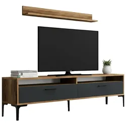 Dmora Wohnzimmermöbel Dkatseri, Modulares Wohnzimmerset, Mehrzweck-Wohnzimmermöbel, Moderner TV-Schrank, 180x35h47 cm, Walnuss und Anthrazit