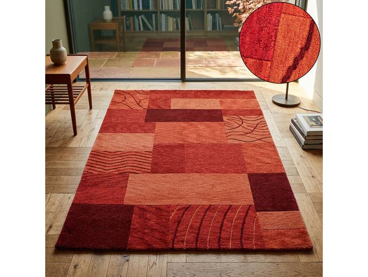 THEKO Domas 4028, handgeknüpft rechteckig 12 mm Höhe Kurzflor, reine Wolle, modernes Patchwork Design, Wohnzimmer