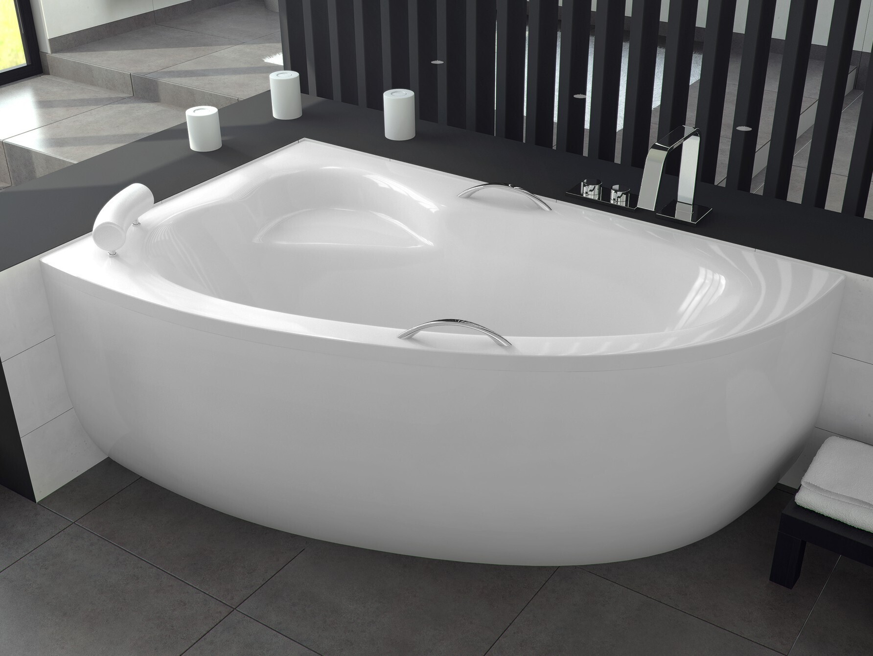 BADLAND Eckbadewanne Badewanne Natalia Premium LINKS 150x100 mit Acrylschürze, Handgriffen, Kopfstütze, Füßen und Ablaufgarnitur GRATIS