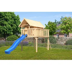 Akubi Steltzenhaus Fidel mit Satteldach inkl. Wellenrutsche naturbelassen blau