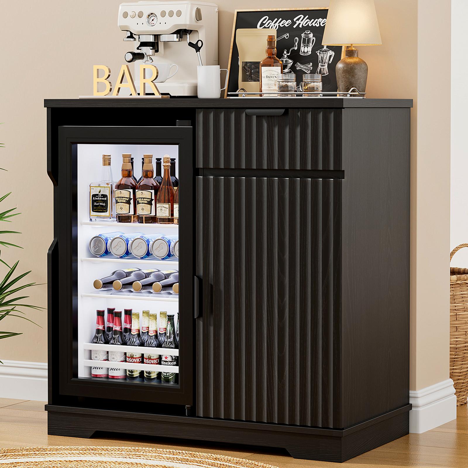 BROTTAR Minikühlschrank-Schrank mit 92L Kühlschrank, Kaffeebar mit Schublade und Stauraum, Fluted Design, Schwarz