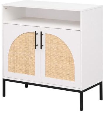 "Costway 32"" Sideboard Buffet Cabinet with 2 Natural Rattan Decorated Doors and Adjustable Shelf-White"