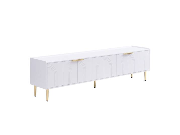 Meuble TV blanc design à portes arquées et pieds dorés 170cm