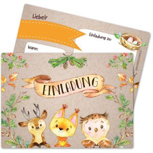 Papierdrachen Einladungskarten Waldtiere, für Kindergeburtstag, 105 x 148 mm (A6), Postkarten, 12 Stück
