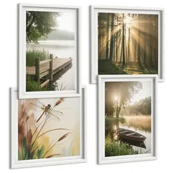 BILDER SET 4er Set - 50x50 cm & 40x60 cm Weißer Rahmen - See, Wald, Boot, Morgennebel