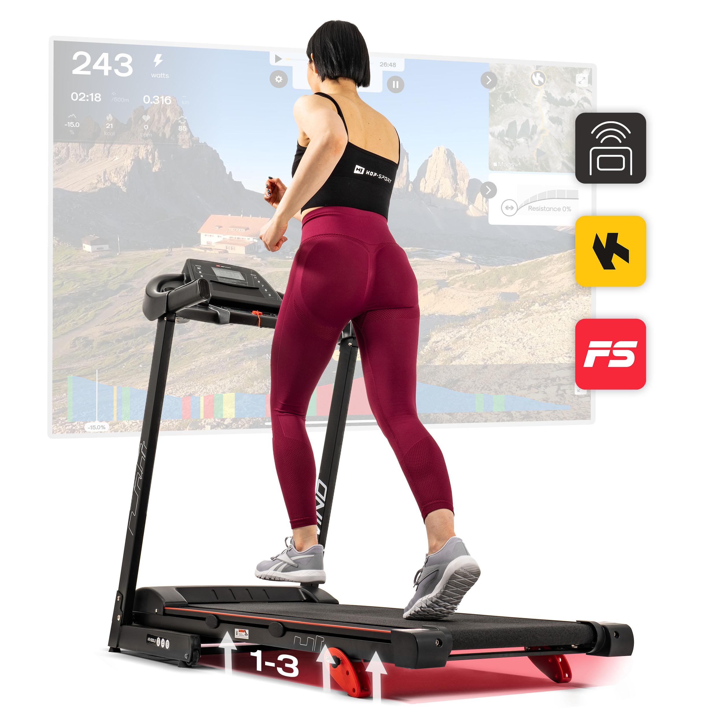 Hop-Sport Laufband HS-1000LB Rot, Laufband klappbar & elektrisch für Zuhause - bis 14 km/h, mit 12 Programmen, 2PS Motor und Bluetooth, bis zu 150 kg