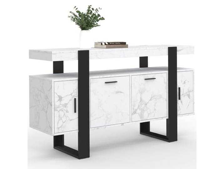 IDMarket - Lowboard 140 cm Phoenix 4 Türen Marmoreffekt weiß Alaska und schwarz
