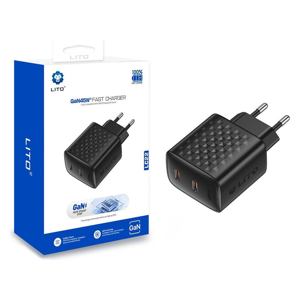 Lito - Wall Charger (LC22) - 2x Type-C Output, PD45W, GaN, PC Fireproof, EU Plug - Black (45 W, 2 Ports) (61003450)