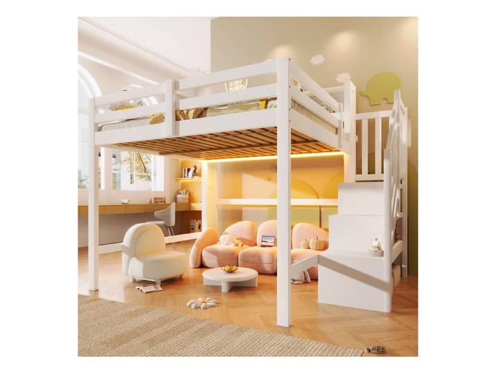 Flieks Hochbett Kinderbett 140x200cm mit LED-Beleuchtung und Stauraumtreppe