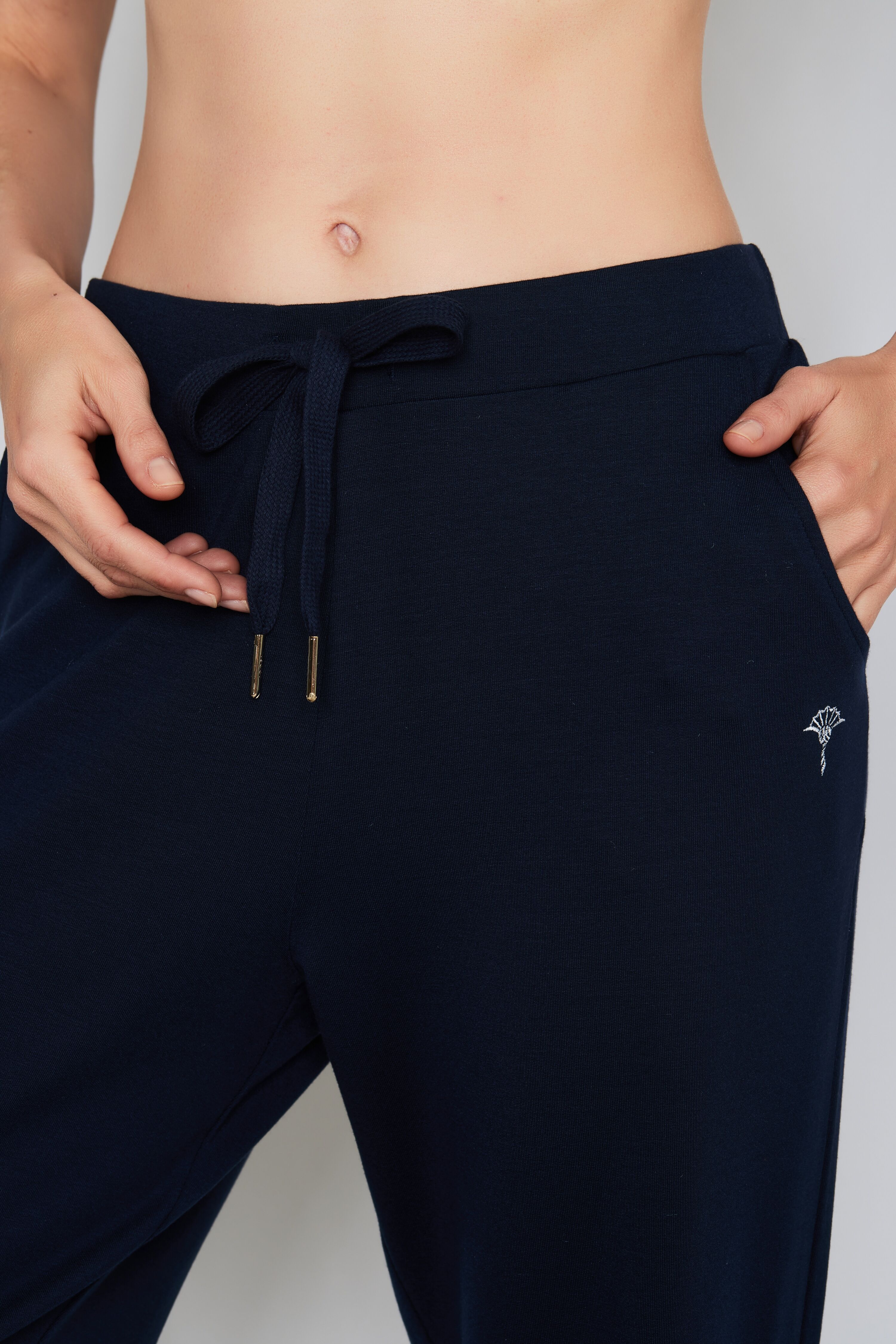 Joop! Relaxhose JOOP "Leisure", Damen, Gr. 34, N-Gr, blau (navy), Obermaterial: 95% Lyocell, 5% Elasthan, Basic lang, Hosen Relaxhose, mit stylischen Rippbündchen navy 34, N-Gr