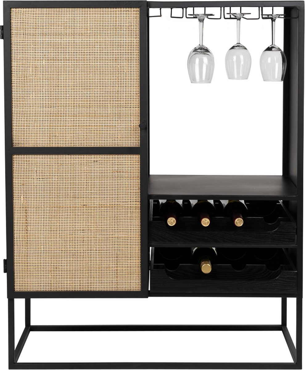 Housecraft Living Guuji Wijnkast met rotan en metaal - Zwart
