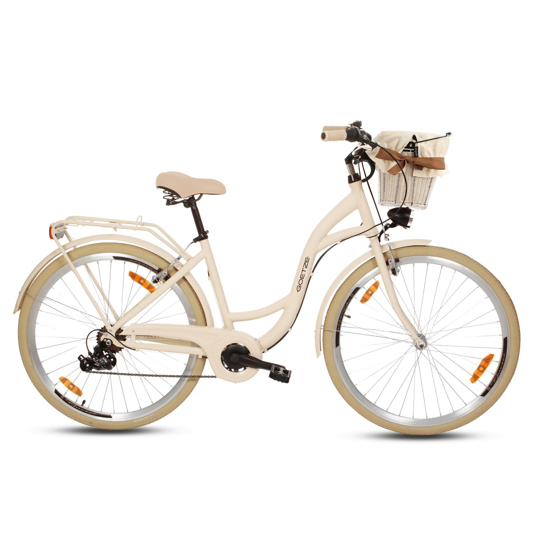 Goetze Mood 28 Zoll City Bike, 18 Zoll ALU Tiefeinsteigerrahmen, 7-Gang Shimano, V-Bremse, LED-Beleuchtung, Komfortsattel, Rattankorb