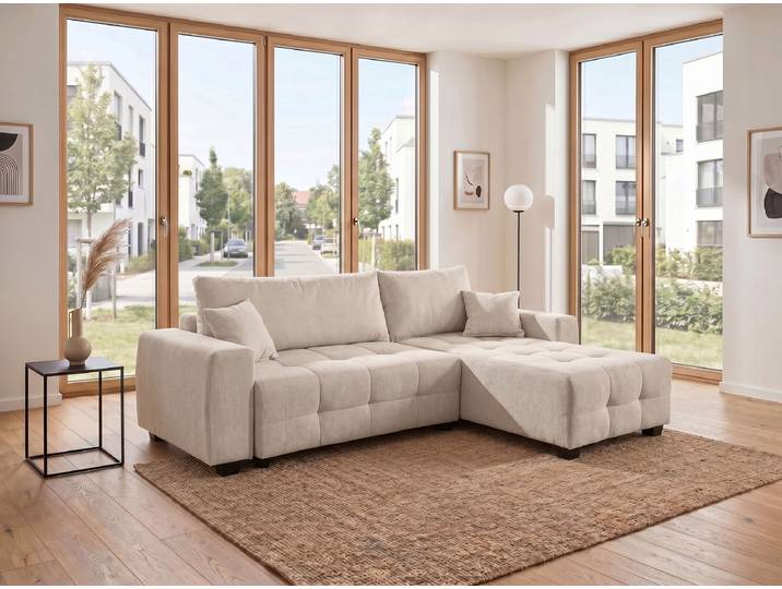 Ecksofa OTTO HOME Bella Couch L-Form, B: 234 cm, Zierkissen inklusive , beige, B:234cm H:87cm T:162cm, 100%Polyester, Sofas, Ecksofa, mit Schlaffunktion & Bettkasten, Wohnkomfort