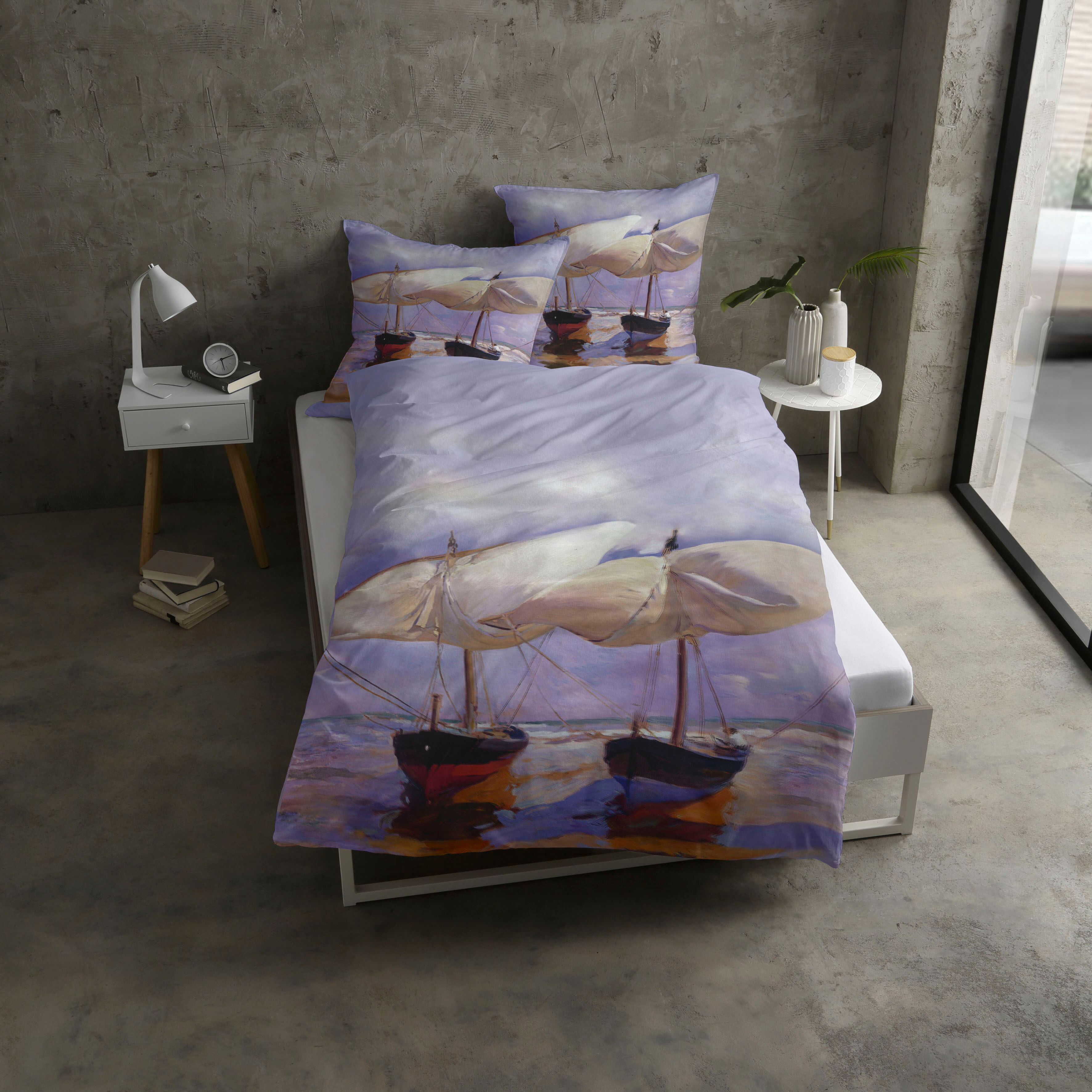 Bettwäsche GOEBEL "Sorolla Beach Boats", blau (graublau), B/L: 135cm x 200cm, 1 Stk., 1 Stk., Satin, B/L: 80cm x 80cm, 2 Stk., Satin, Obermaterial: 100% Baumwolle, Bettwäsche, Bettwäsche, Design eines des bedeutendsten spanischen Künstlers Joaquin Sorolla