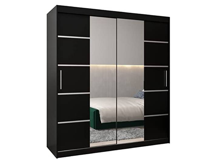 MEBLE KRYSPOL Verona 4 180 Schlafzimmerschrank Schiebetüren Schrank mit Spiegel Kleiderschrank mit Spiegel Schiebetürenschrank Kleiderschrank Schiebetüren – 180x200x62cm - Mattschwarz