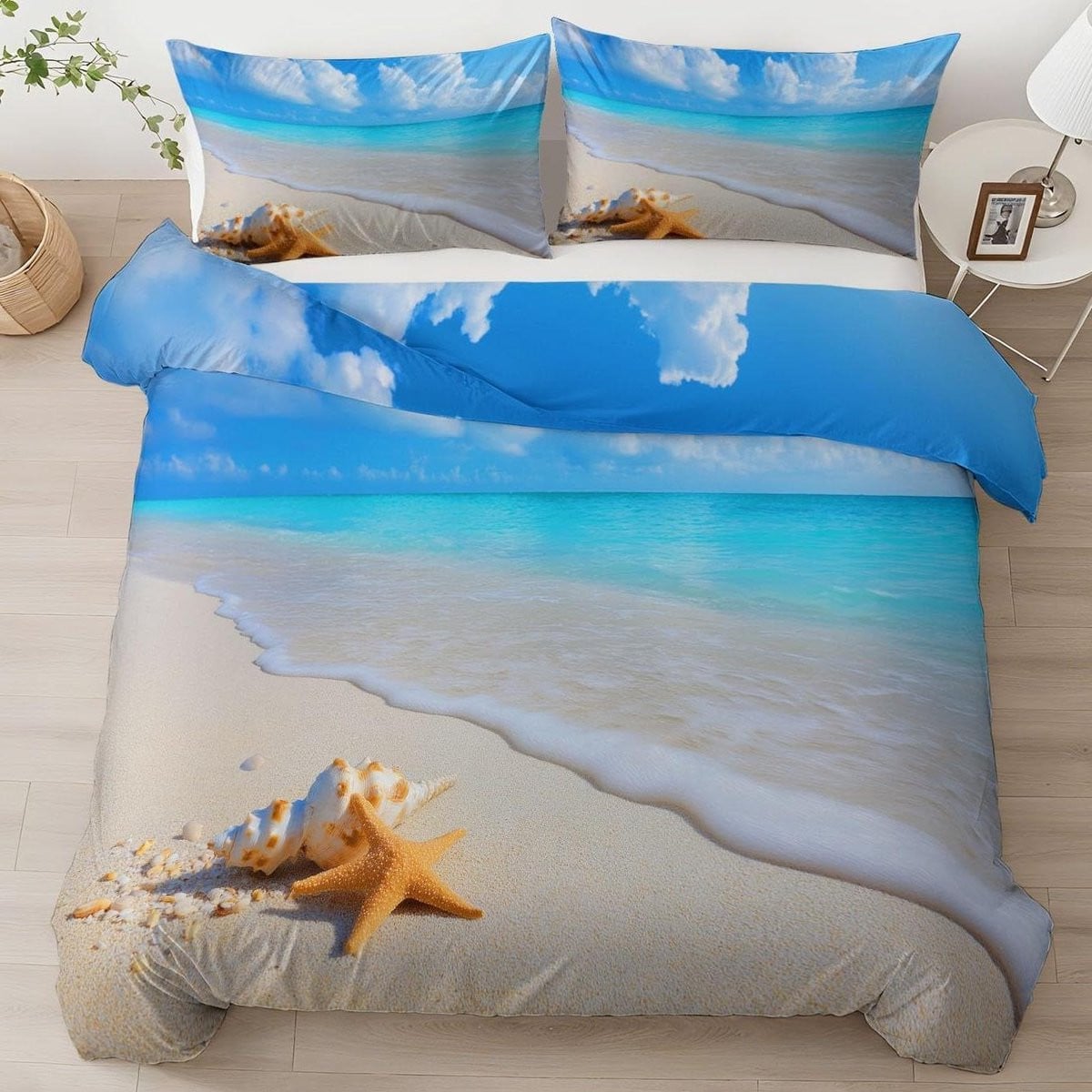 Omkeerbaar Kinder Beddengoedset met Dekbedovertrek en Kussensloop - Blauw Strand - 140 x 200 cm