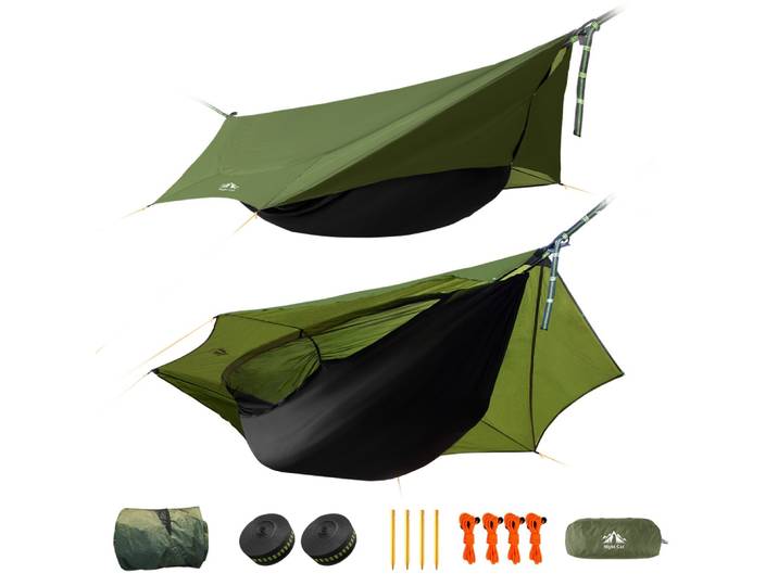 Hamac de camping Night Cat pour 1 personne : hamac léger et portable 4 en 1 avec bâche de pluie et moustiquaire pour adultes, randonnée, jungle, extérieur