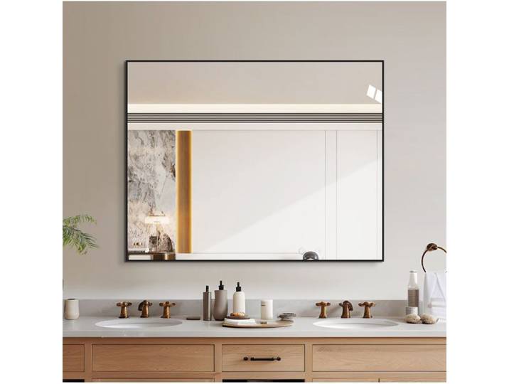 Miroir Salle De Bain Rectangulaire Noir Miroir Mural Design FloraGrace Pour Salle De Bain Montage Horizontal Ou Vertical 90x70cm