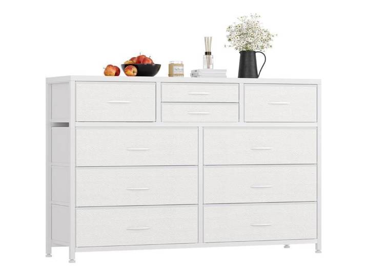 GRAVEE COMMODE DE CHAMBRE Commode de Rangement à 10 tiroirs en tissu Meuble de Bureau Meuble de Rangement pour Chambre Blanc
