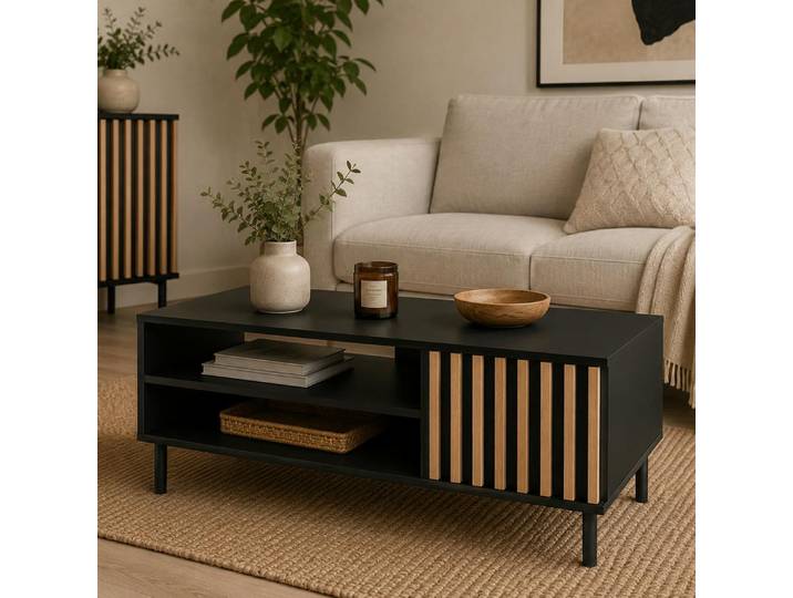 Table Basse Noire Décor Bois Avec Rangement Noren