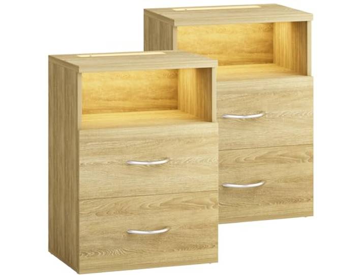 CASARIA 2X Nachttisch mit LED Ablagefach Eiche 40x28x55 cm, für Boxspringbett, 55cm Komfortable Höhe, Schlafzimmer, Haushalt, Beistelltisch, Dimmbare Beleuchtung, Holz